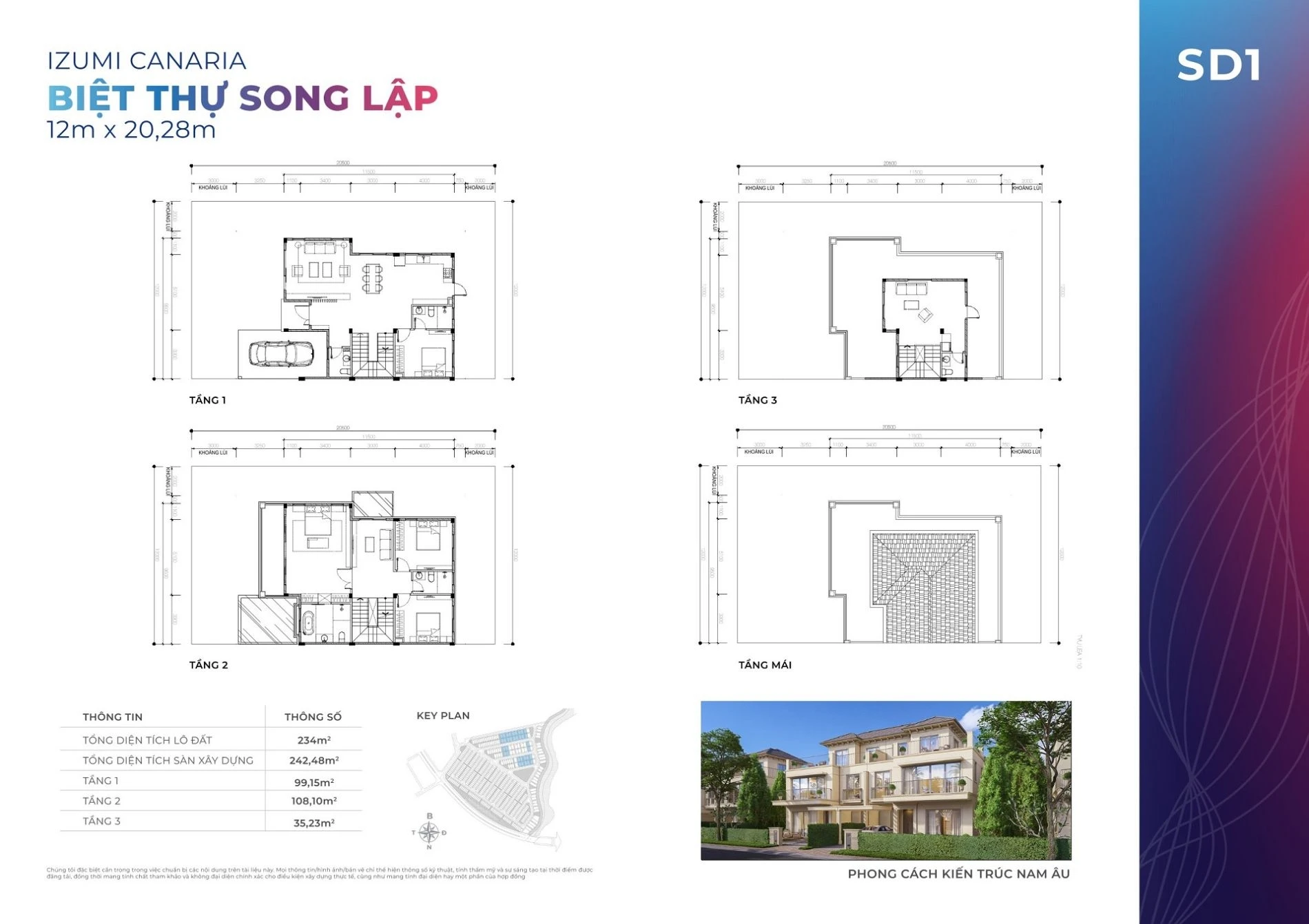 Thiết kế mặt bằng biệt thự song lập SD1 kích thước 12x20.28m