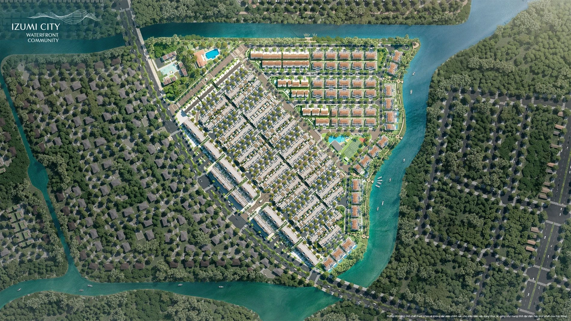 Mặt bằng chi tiết phân khu Izumi Canaria Izumi City với hệ thống biệt thự và nhà phố ven sông