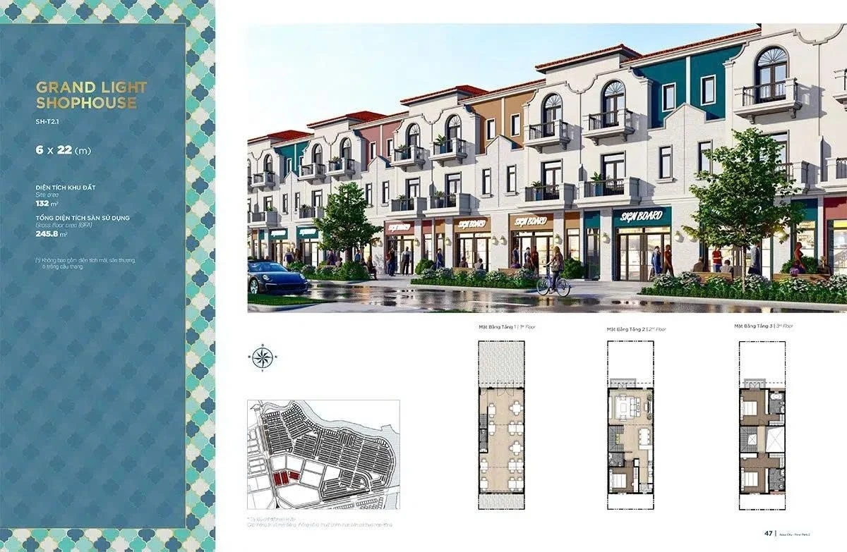 Sơ đồ mặt bằng thiết kế shophouse loại SH-T2.1 diện tích 132 m2 tại phân khu River Park 2 Aqua City