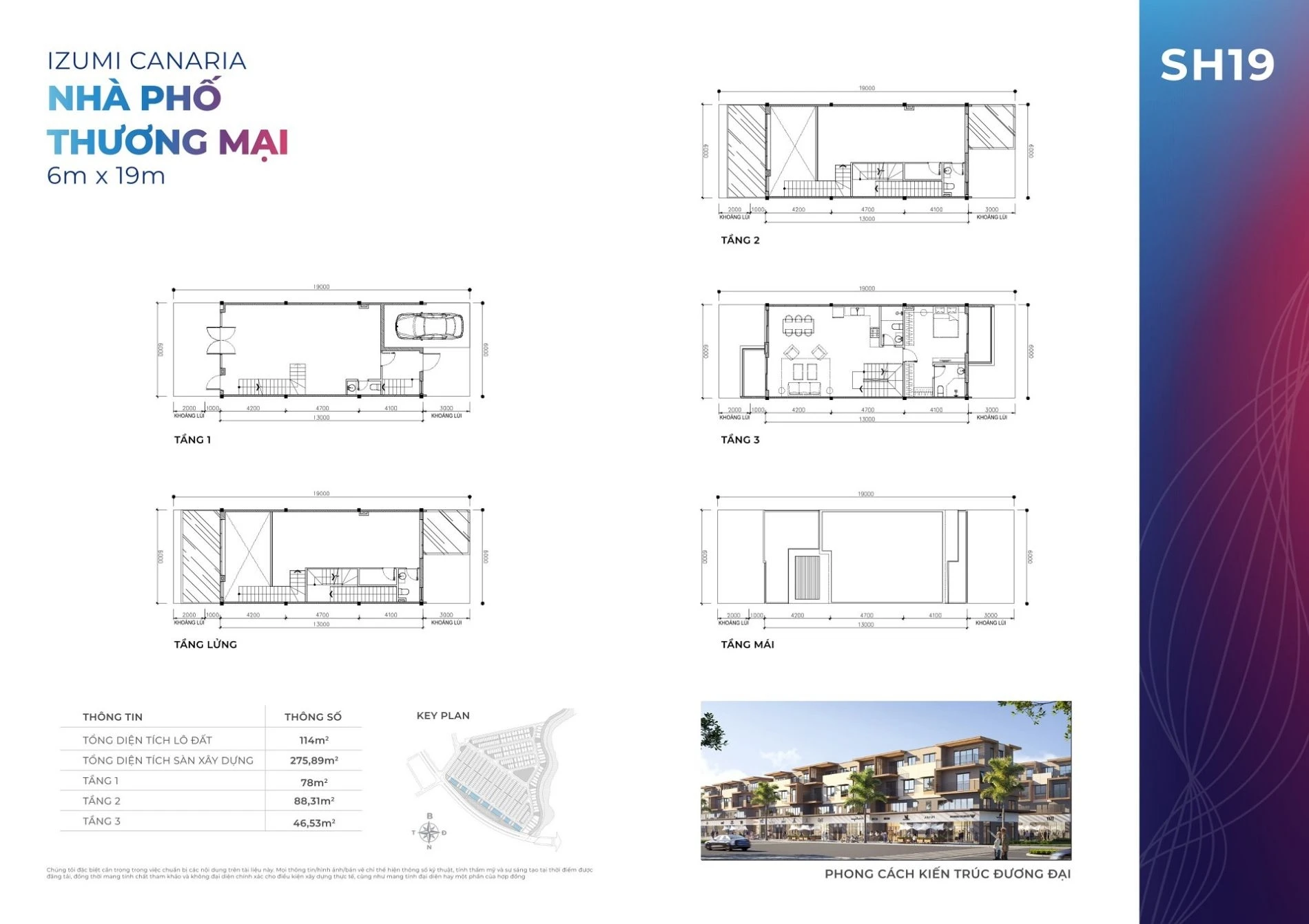 Thiết kế mặt bằng shophouse SH19 kích thước 6x19m tại phân khu Canaria