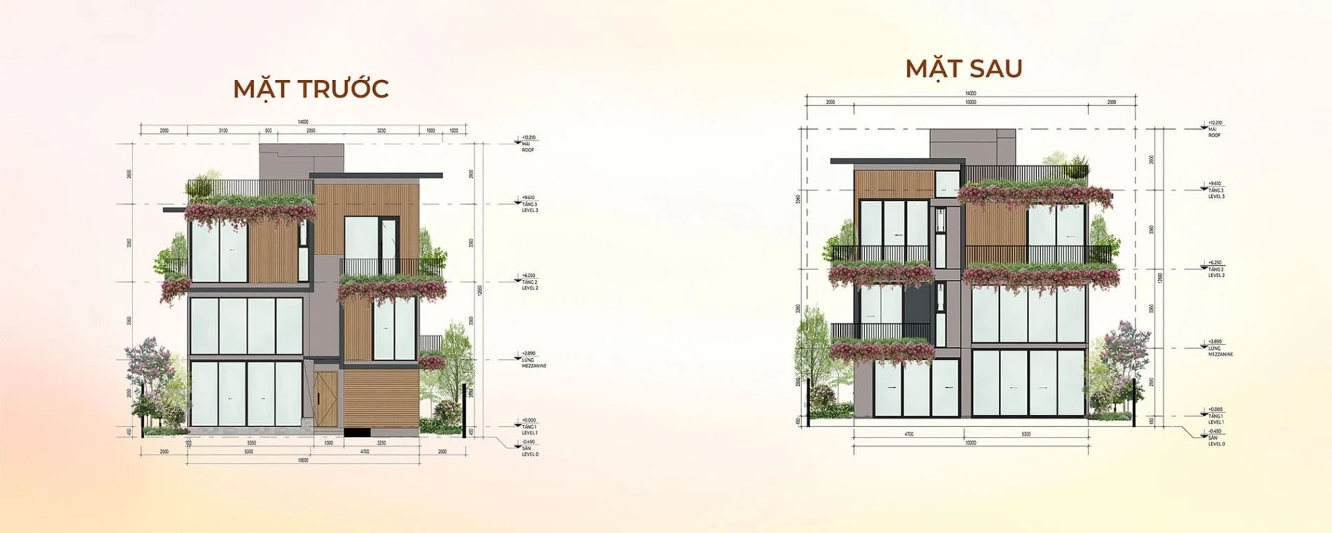 Bản vẽ kỹ thuật mặt trước và mặt sau của biệt thự đơn lập Riverwalk