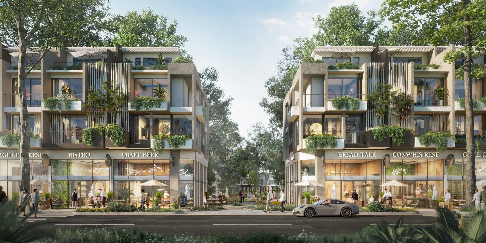 Thiết kế mặt tiền kinh doanh sầm uất của Boulevard Shophouse Eco Village Saigon River