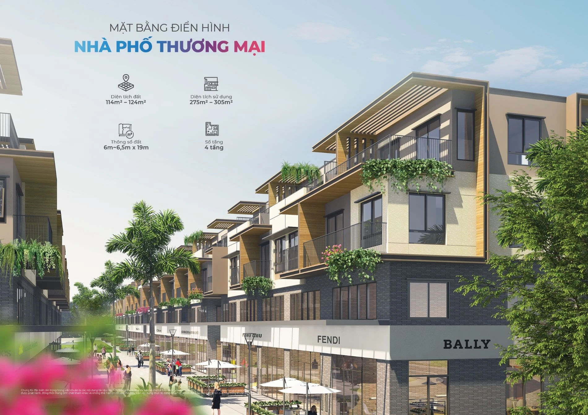Phối cảnh mặt tiền kinh doanh sầm uất của dòng sản phẩm nhà phố thương mại tại Izumi Canaria