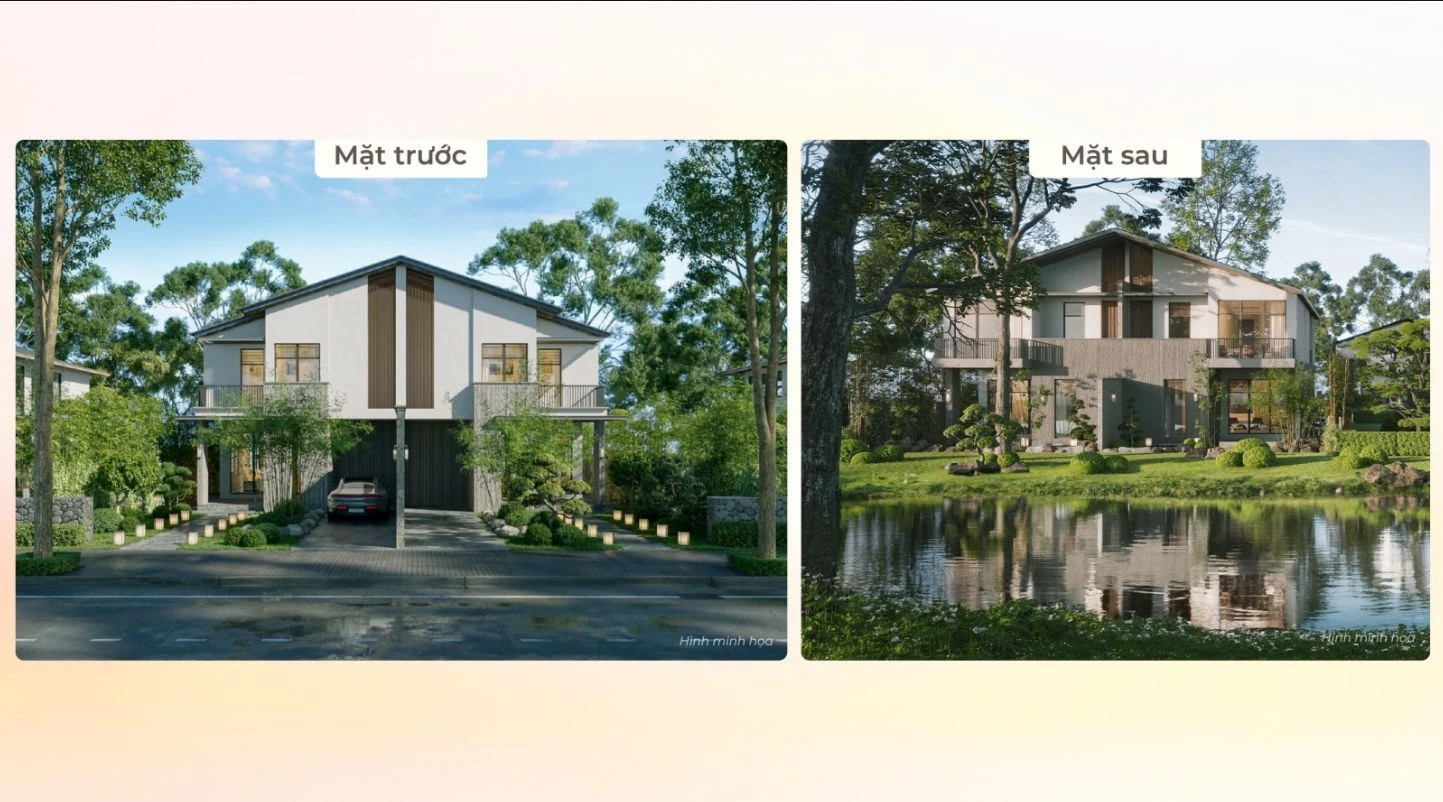 So sánh thiết kế kiến trúc mặt trước và mặt sau của biệt thự song lập Onsen
