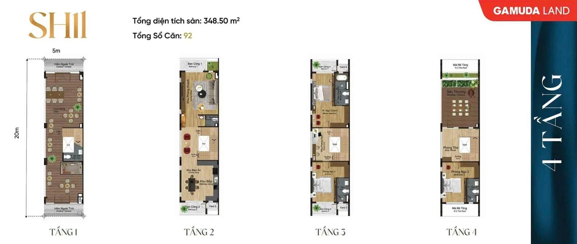Layout thiết kế mặt bằng các tầng của mẫu shophouse SH11 diện tích 348.50 m2
