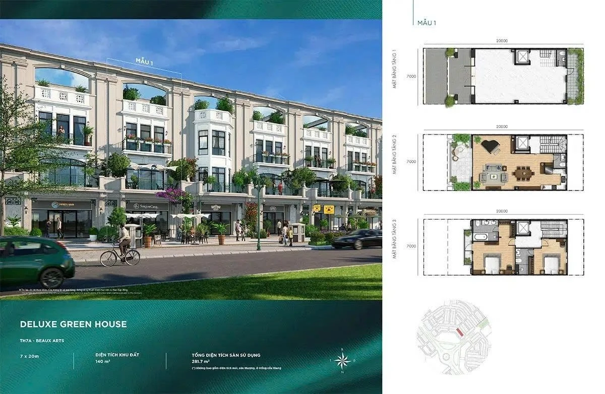 Mặt bằng nhà phố Deluxe Green House 7x20m phong cách Beaux Arts mẫu 1