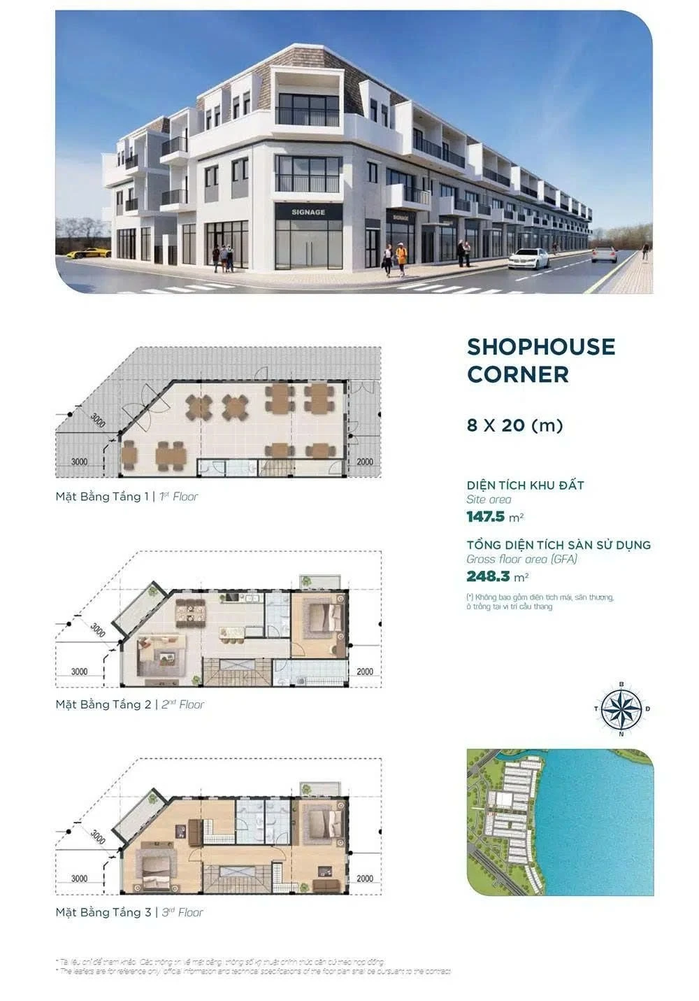 Bản vẽ layout mặt bằng shophouse góc diện tích 8x20m tại phân khu Sun Harbor 3 Aqua City