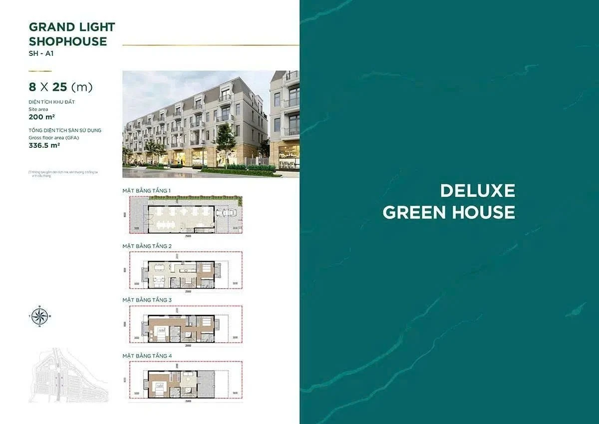 Thiết kế mặt bằng chi tiết Shophouse Grand Light diện tích 8x25m tại phân khu Ever Green 2 Aqua City