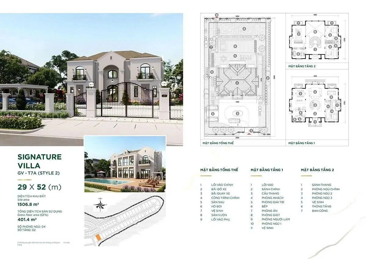 Bản vẽ mặt bằng Dinh thự Signature Villa 29x52m phong cách 2 tại Aqua City