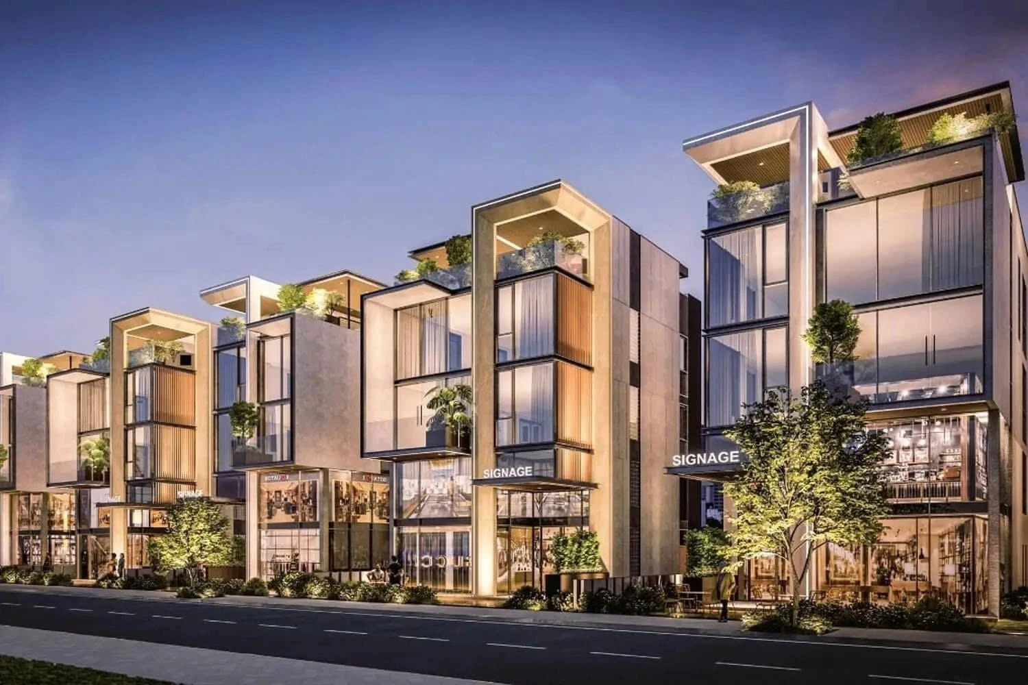 Các căn shophouse sáng đèn rực rỡ vào buổi tối tại The 9 Stellars