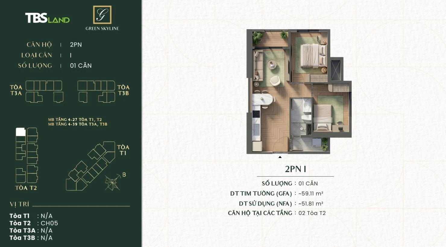 Bản vẽ chi tiết căn hộ 2 phòng ngủ loại I tại Green Skyline