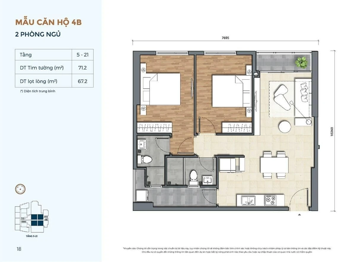 Bản vẽ bóc mái căn hộ 2 phòng ngủ loại 4B diện tích 71.2 m2 tại Precia Quận 2