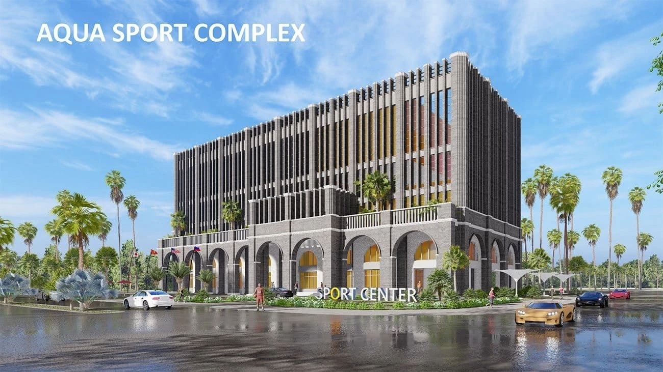 Mặt ngoài bề thế của trung tâm thể thao Aqua Sport Complex