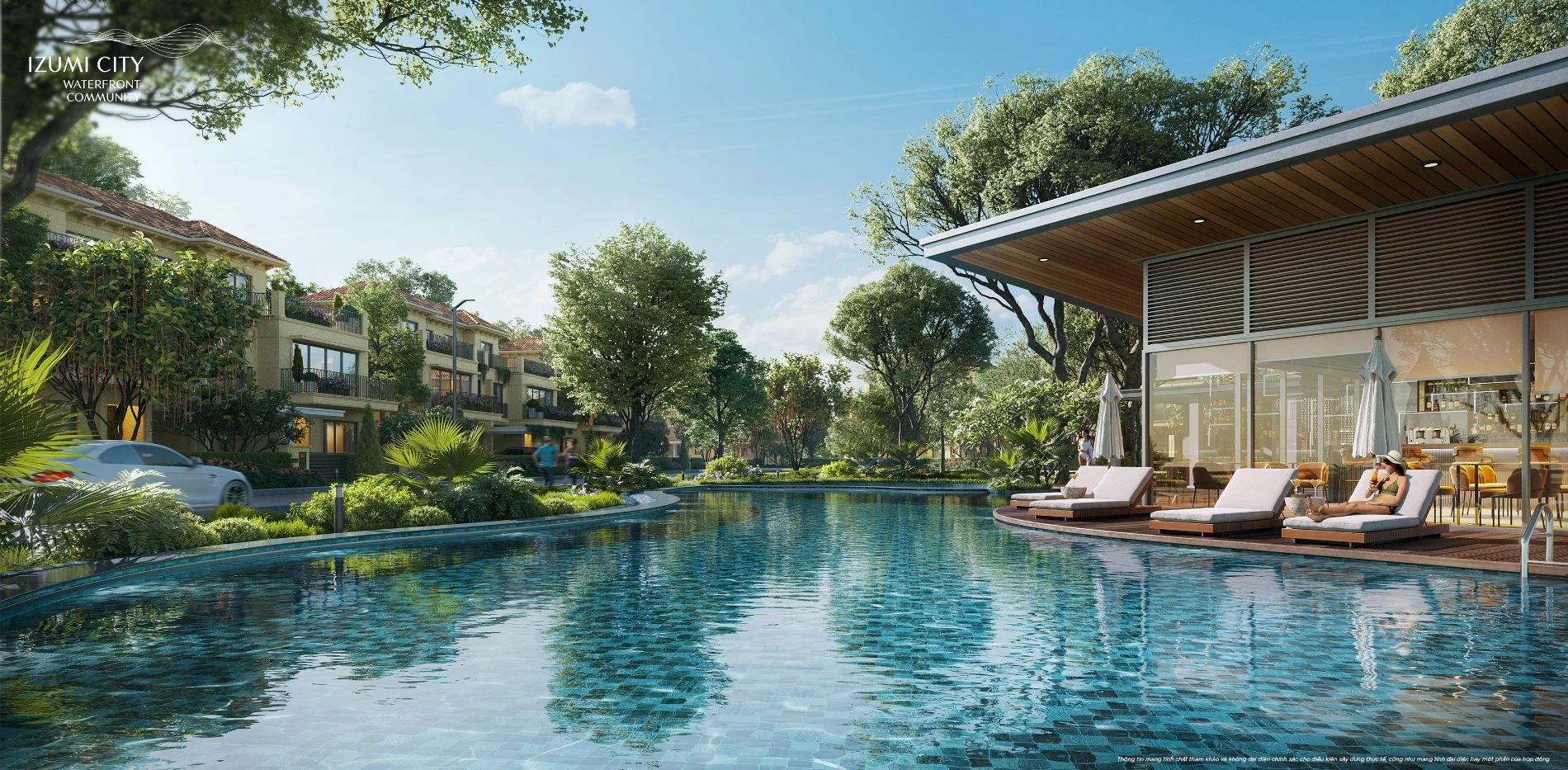 Cận cảnh hồ bơi trong xanh và khu vực ghế nằm thư giãn tại Clubhouse Izumi Canaria