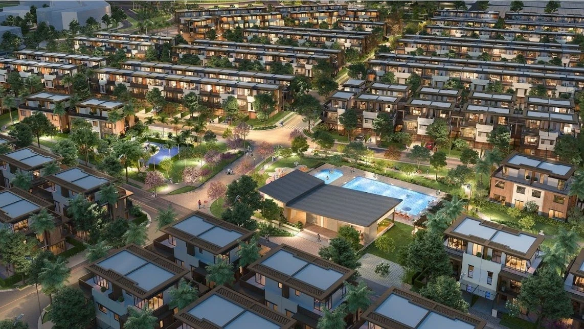 Góc nhìn trên cao tổ hợp clubhouse và hồ bơi tại Izumi Gardenia