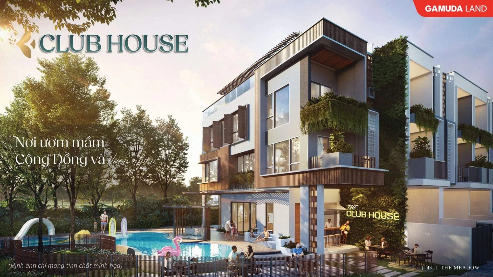 Thiết kế kiến trúc hiện đại của The Oasis Clubhouse tích hợp hồ bơi tại The Meadow