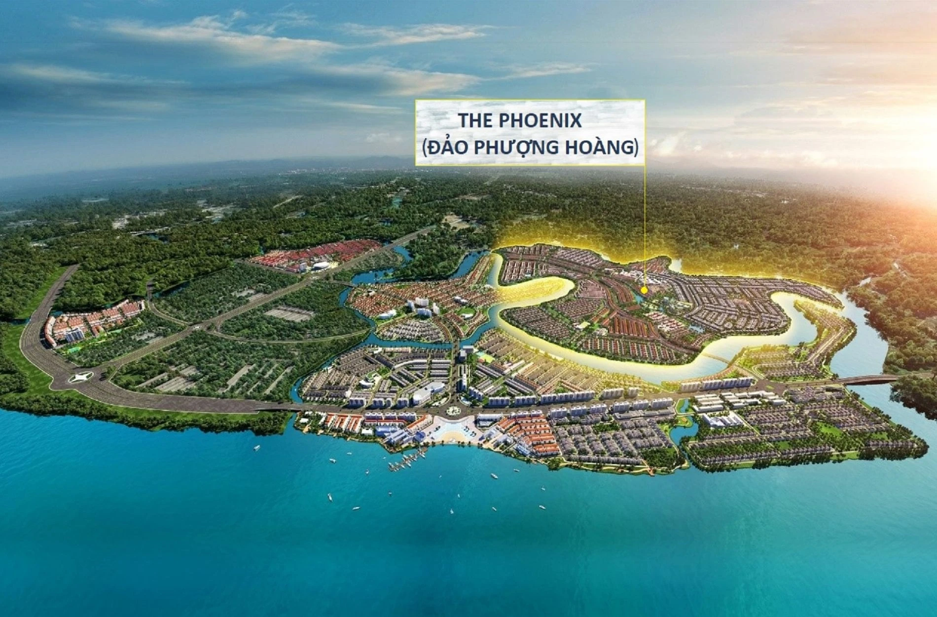 Toàn cảnh vị trí phân khu Đảo Phượng Hoàng Phoenix Aqua City được bao bọc bởi sông Đồng Nai
