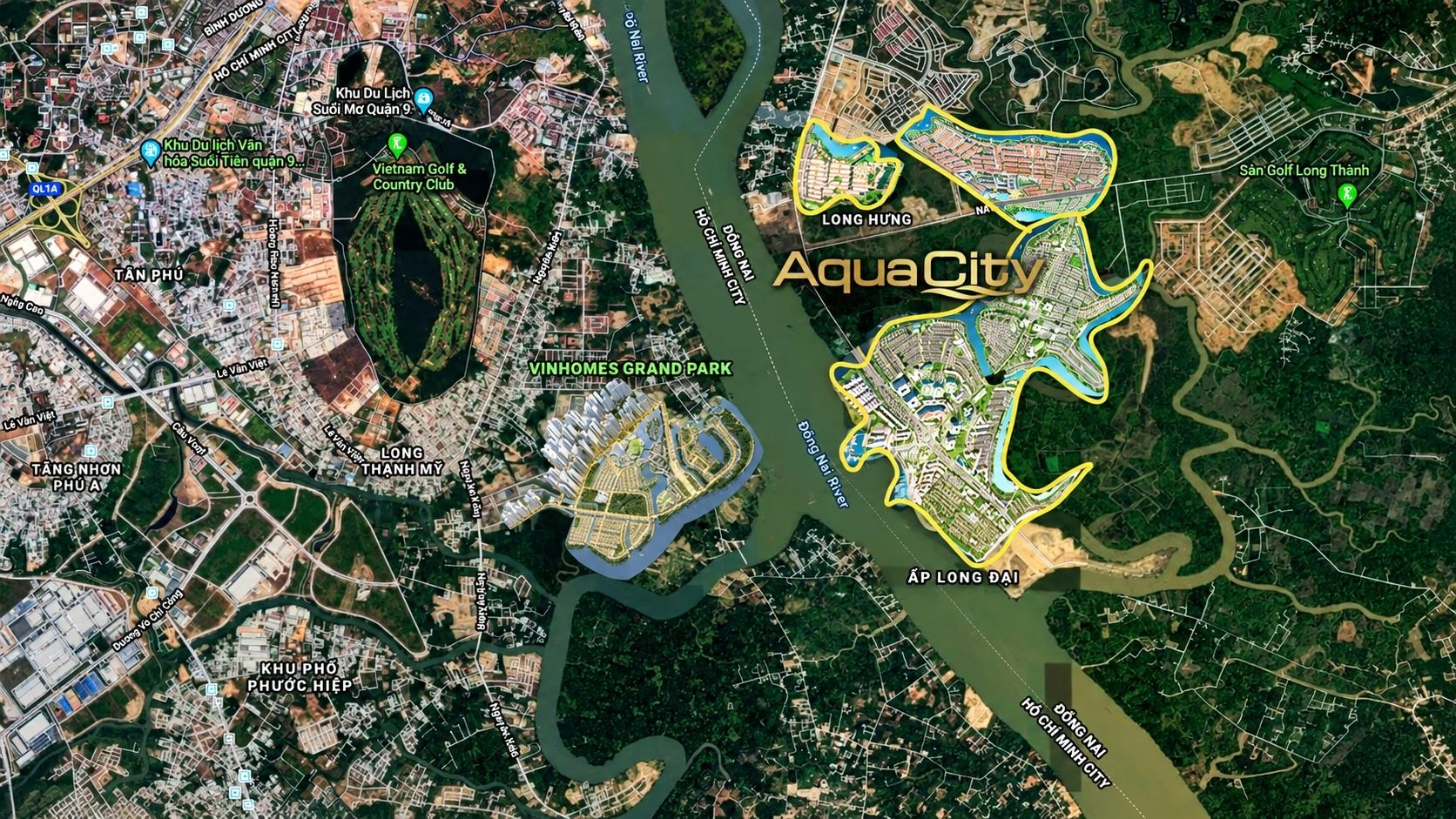 Bản đồ vệ tinh dự án Aqua City nằm dọc theo dòng sông Đồng Nai và đối diện Vinhomes Grand Park