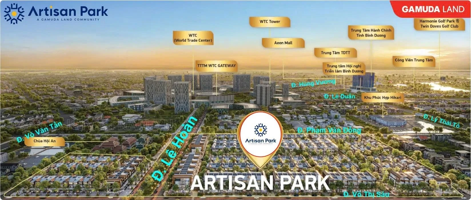 Phối cảnh vị trí Artisan Park liền kề WTC Gateway và trung tâm hành chính Bình Dương