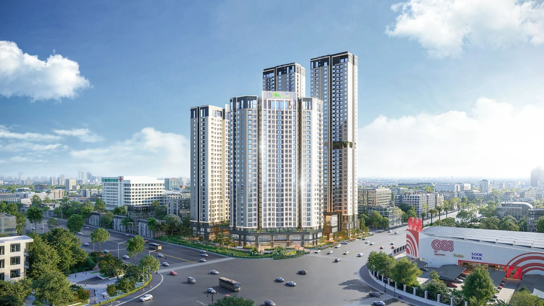 Phối cảnh dự án Green Skyline nằm ngay mặt tiền đường lớn, kề cận trung tâm thương mại GO Dĩ An