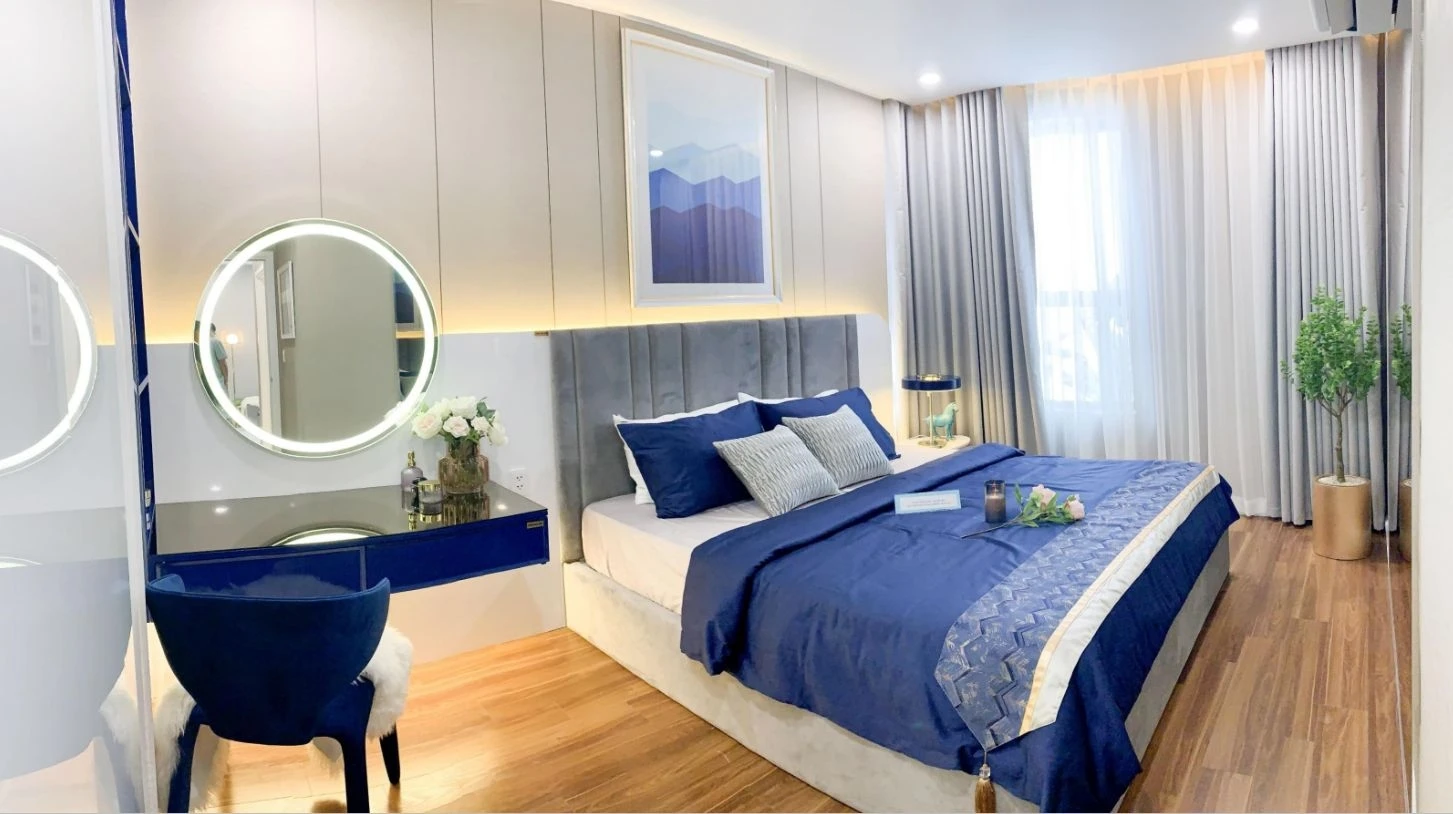 Phòng ngủ căn hộ Precia Quận 2 được lát sàn gỗ cao cấp mang lại không gian ấm cúng và sang trọng