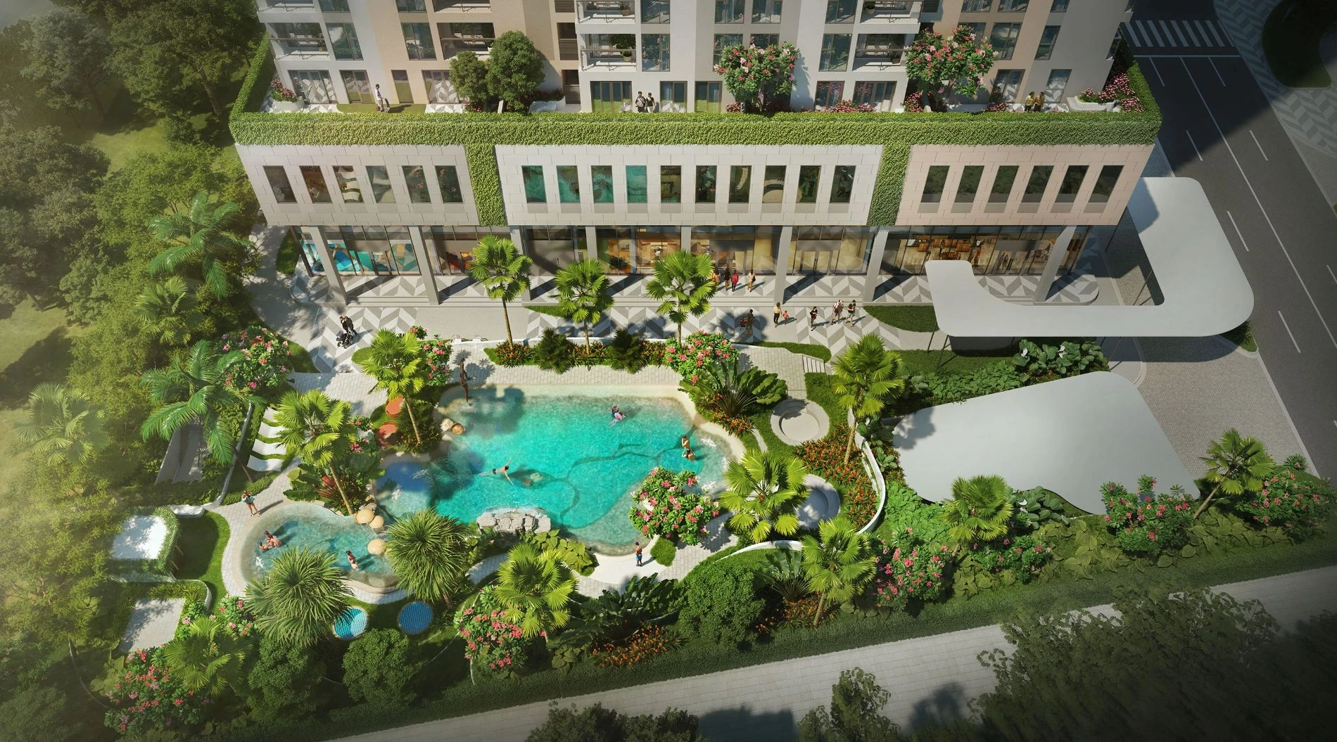 Góc nhìn từ trên cao bao quát toàn bộ khu vực hồ bơi và công viên tầng trệt Urban Green