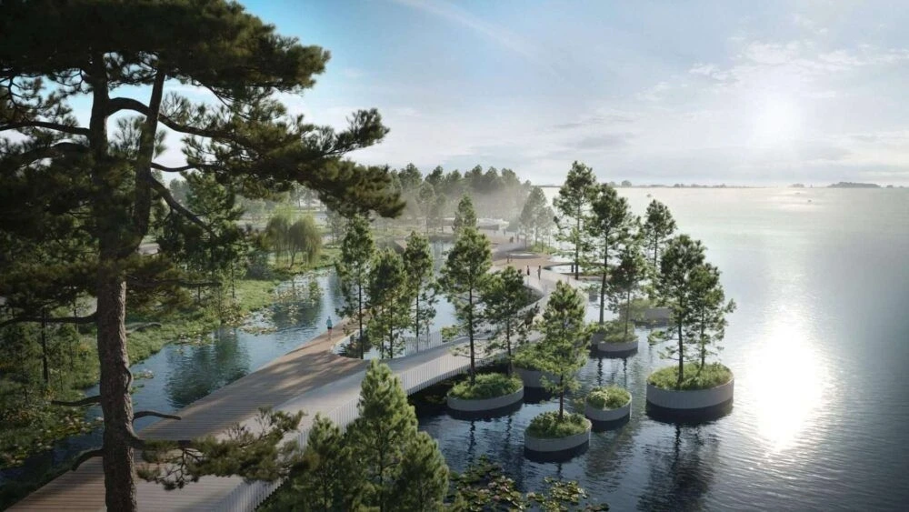 Tuyến đường dạo bộ xuyên qua các đảo cây xanh nổi trên mặt nước tại Eco Village Saigon River