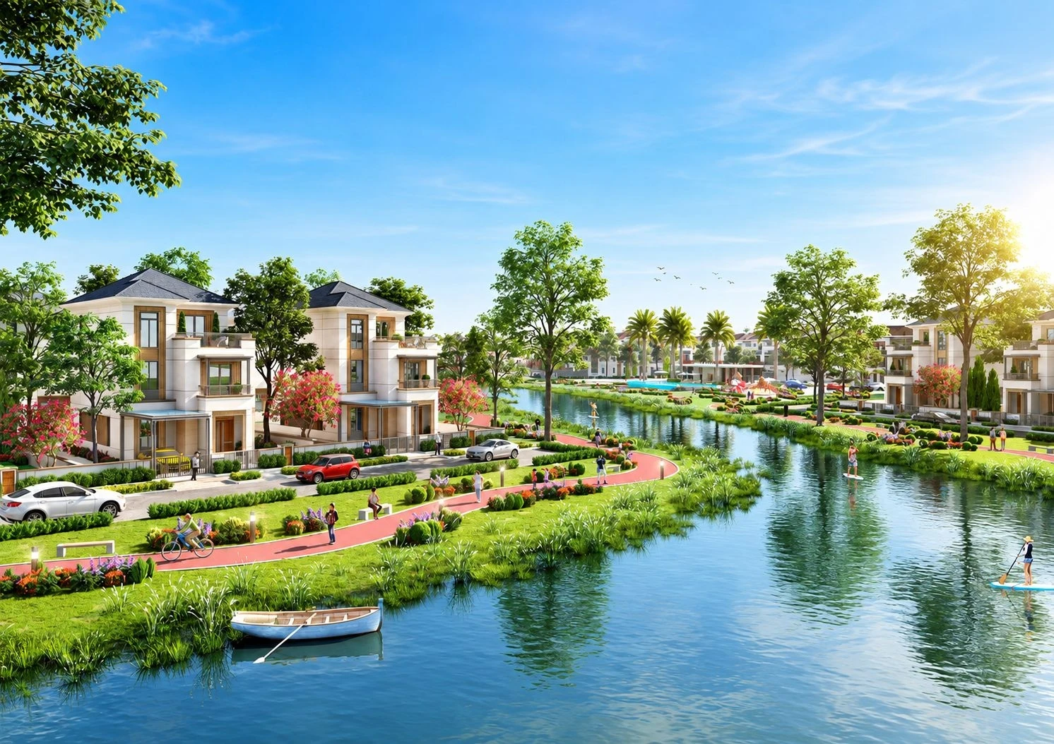 Cư dân đạp xe và tản bộ trên tuyến đường dạo ven sông tại Aqua City