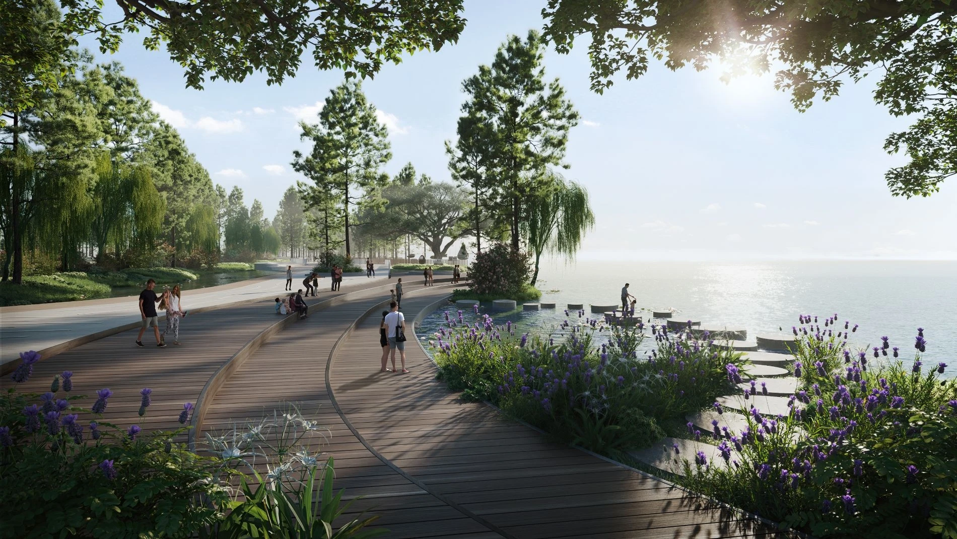 Đường dạo bộ lát gỗ ven sông ngập tràn sắc hoa tím tại phân khu Riverwalk