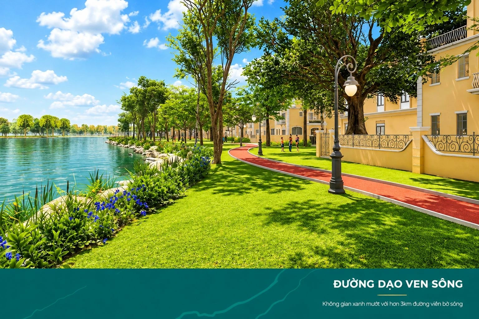 Tuyến đường dạo bộ trải nhựa đỏ ven sông rợp bóng cây xanh tại phân khu Ever Green 2