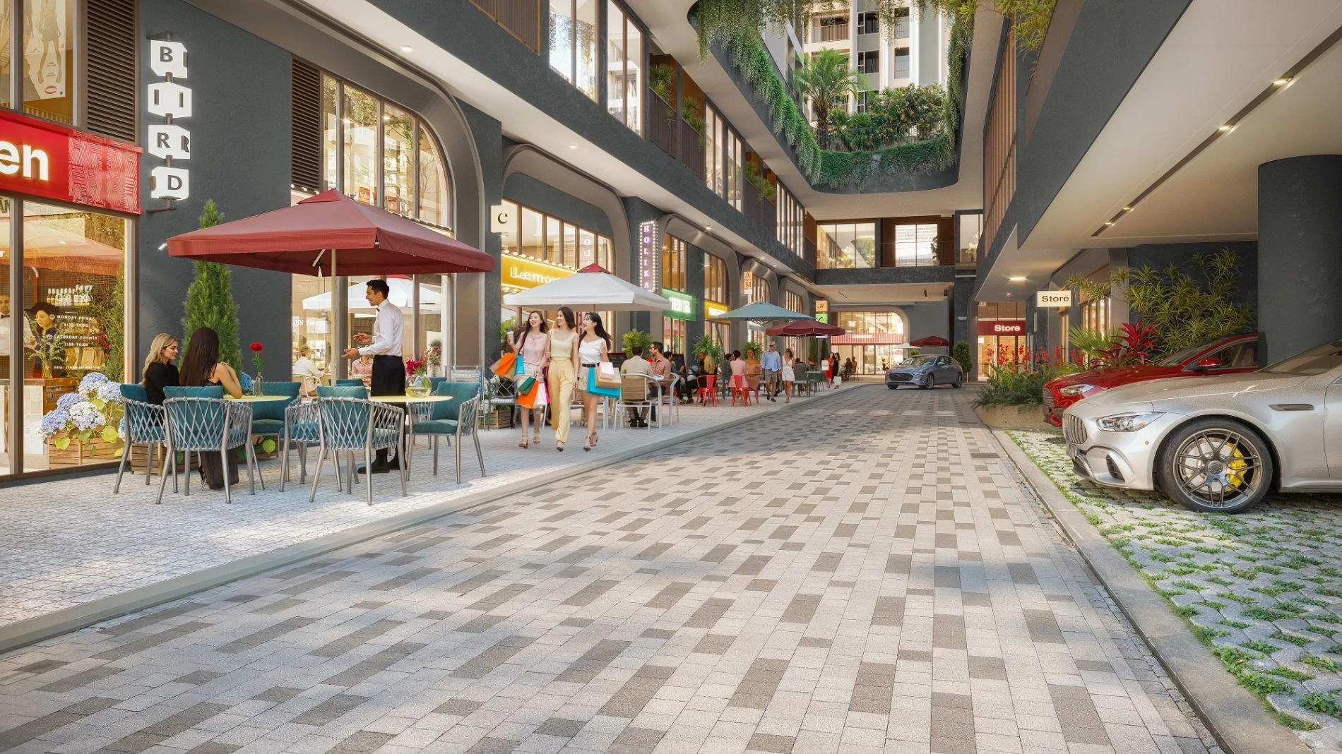 Tuyến phố đi bộ mua sắm nhộn nhịp dưới chân tòa tháp Green Skyline