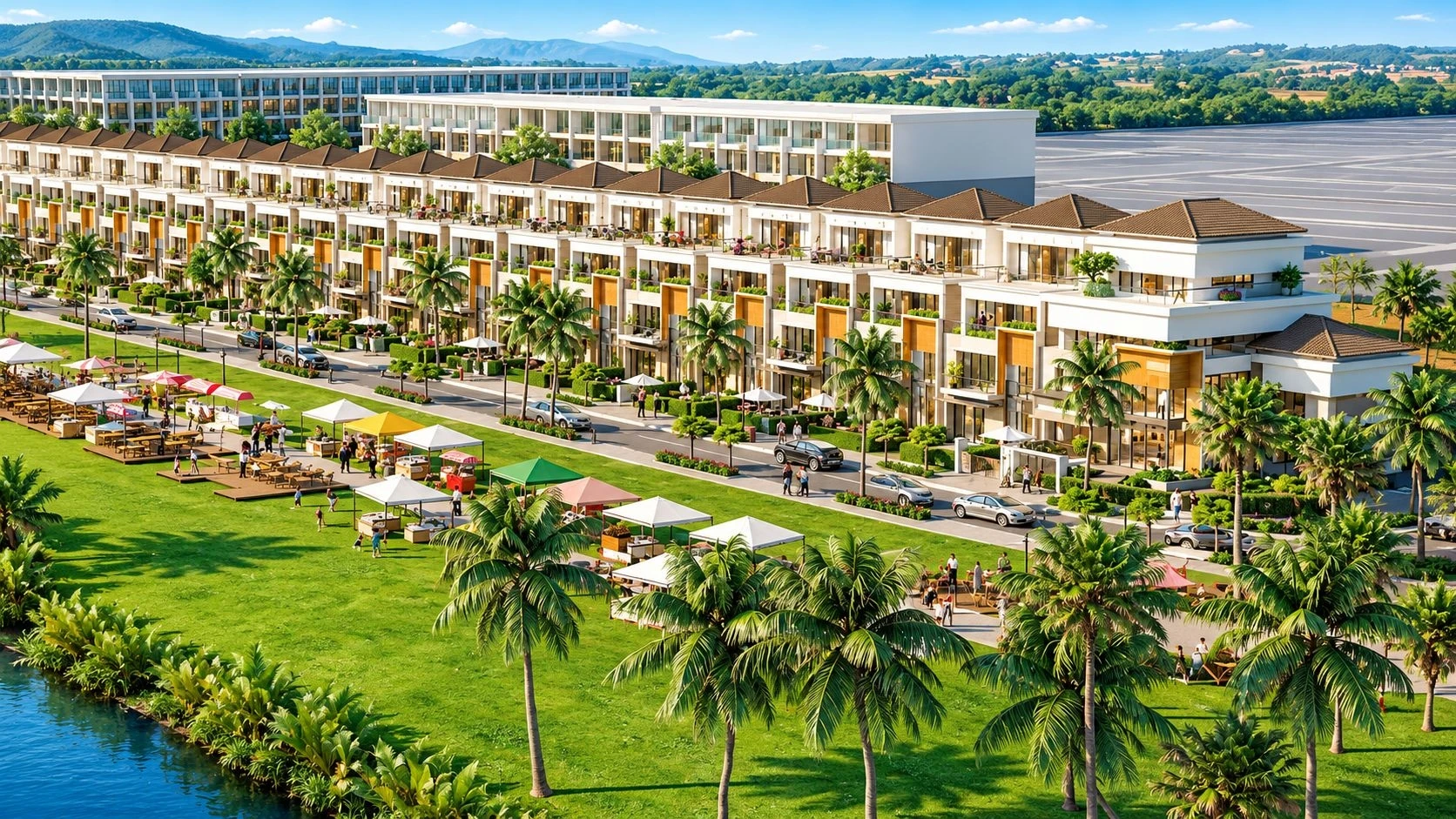 Tuyến phố thương mại ven sông sầm uất thu hút lượng lớn khách hàng tại dự án Nam Hòa Xuân.