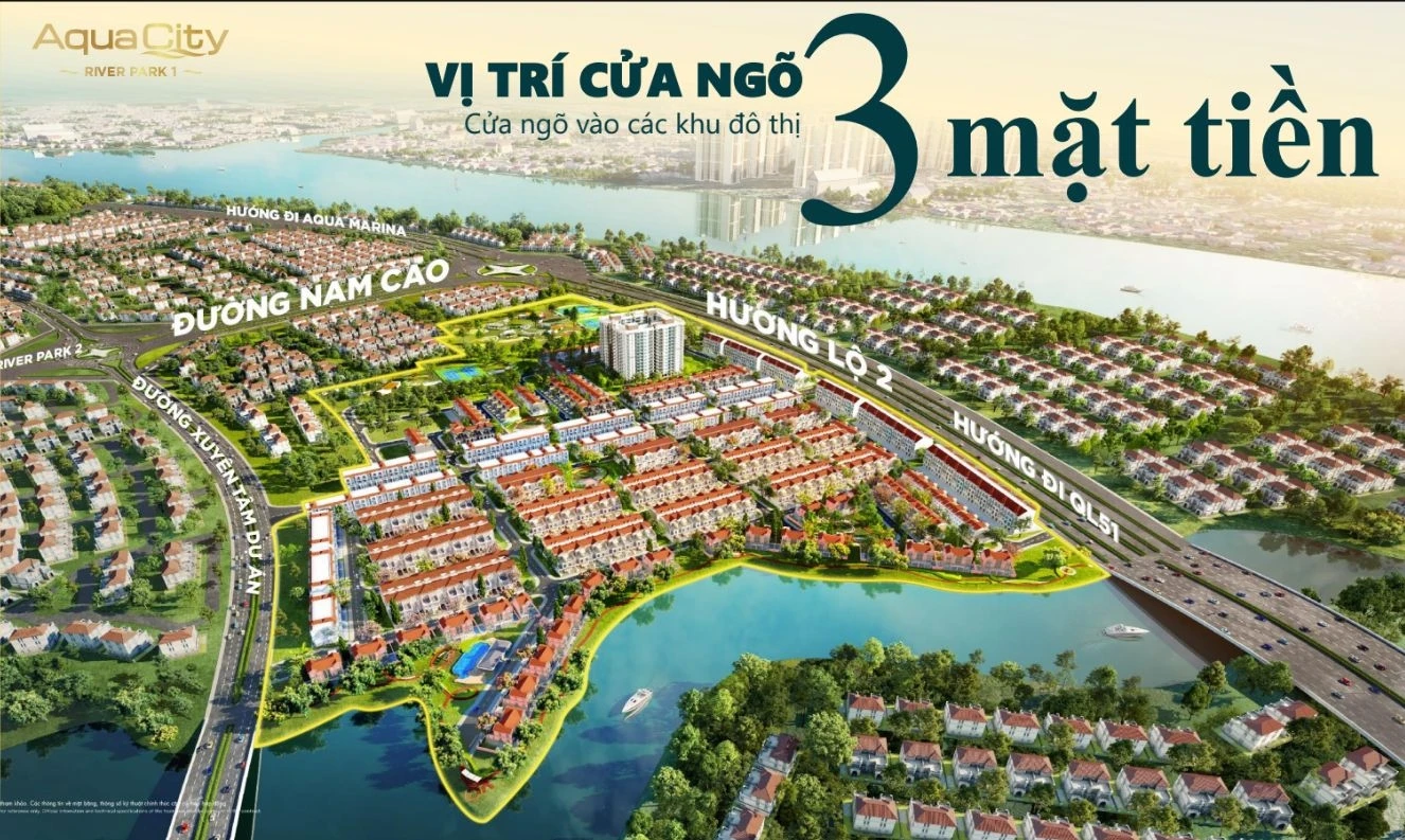 Phối cảnh tổng thể phân khu River Park 1 Aqua City nằm tại góc giao đường Hương Lộ 2 và đường Nam Cao