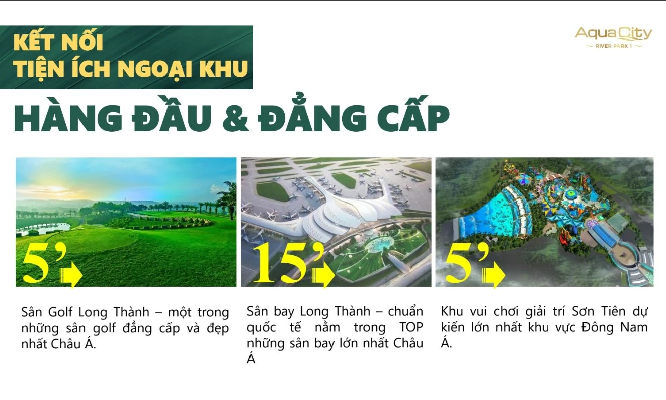 Khoảng cách từ River Park 1 đến Sân golf Long Thành, Sân bay Long Thành và Khu du lịch Sơn Tiên.