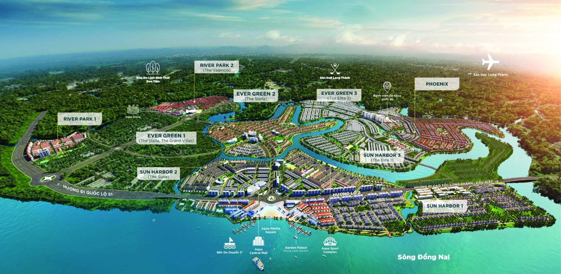 Phối cảnh mặt bằng tổng thể Aqua City cho thấy vị trí trung tâm của Sun Harbor 2 liền kề bến du thuyền