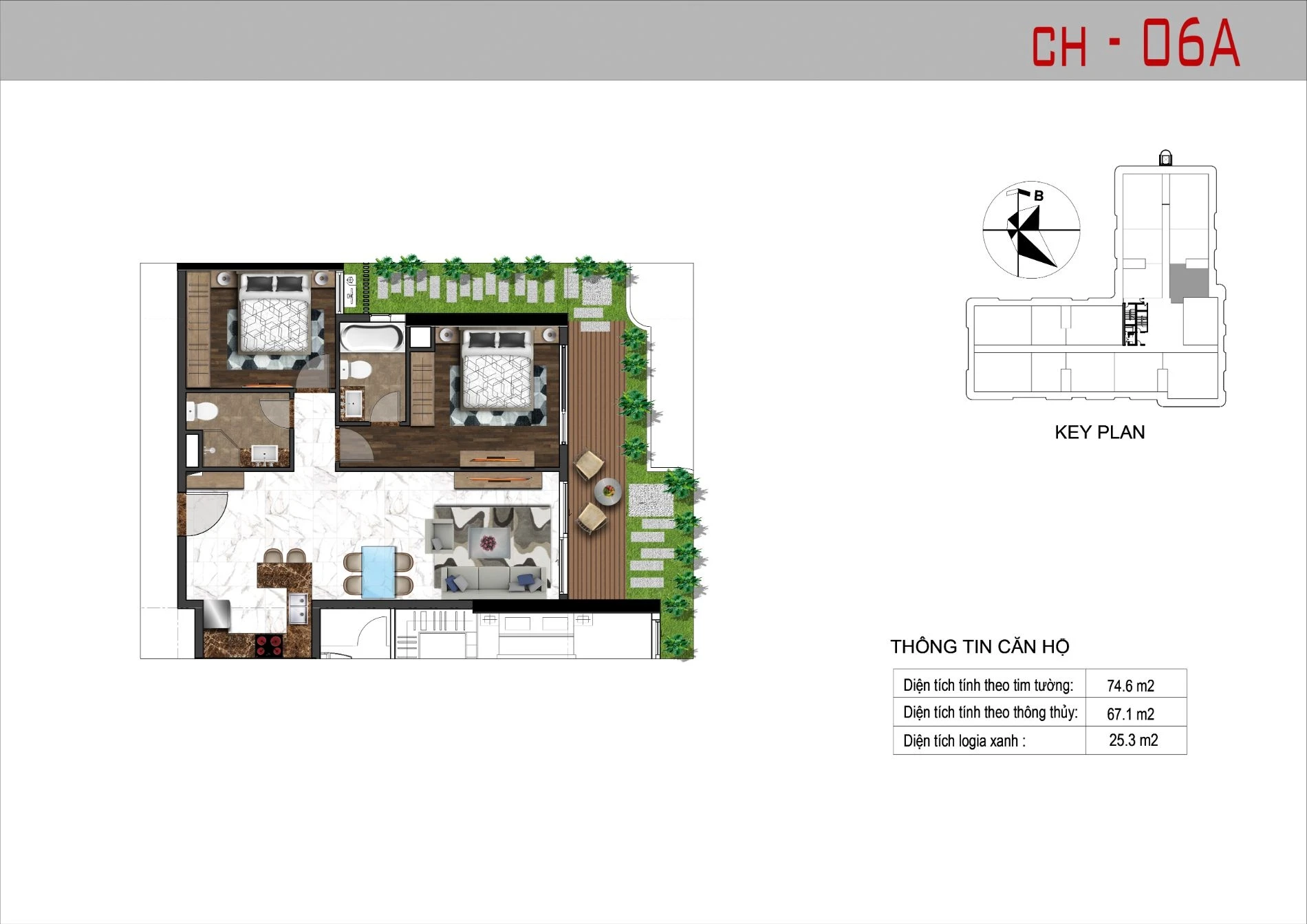 Layout thiết kế căn hộ 06A loại 2 phòng ngủ diện tích 74.6 m2 dự án Sunshine Horizon