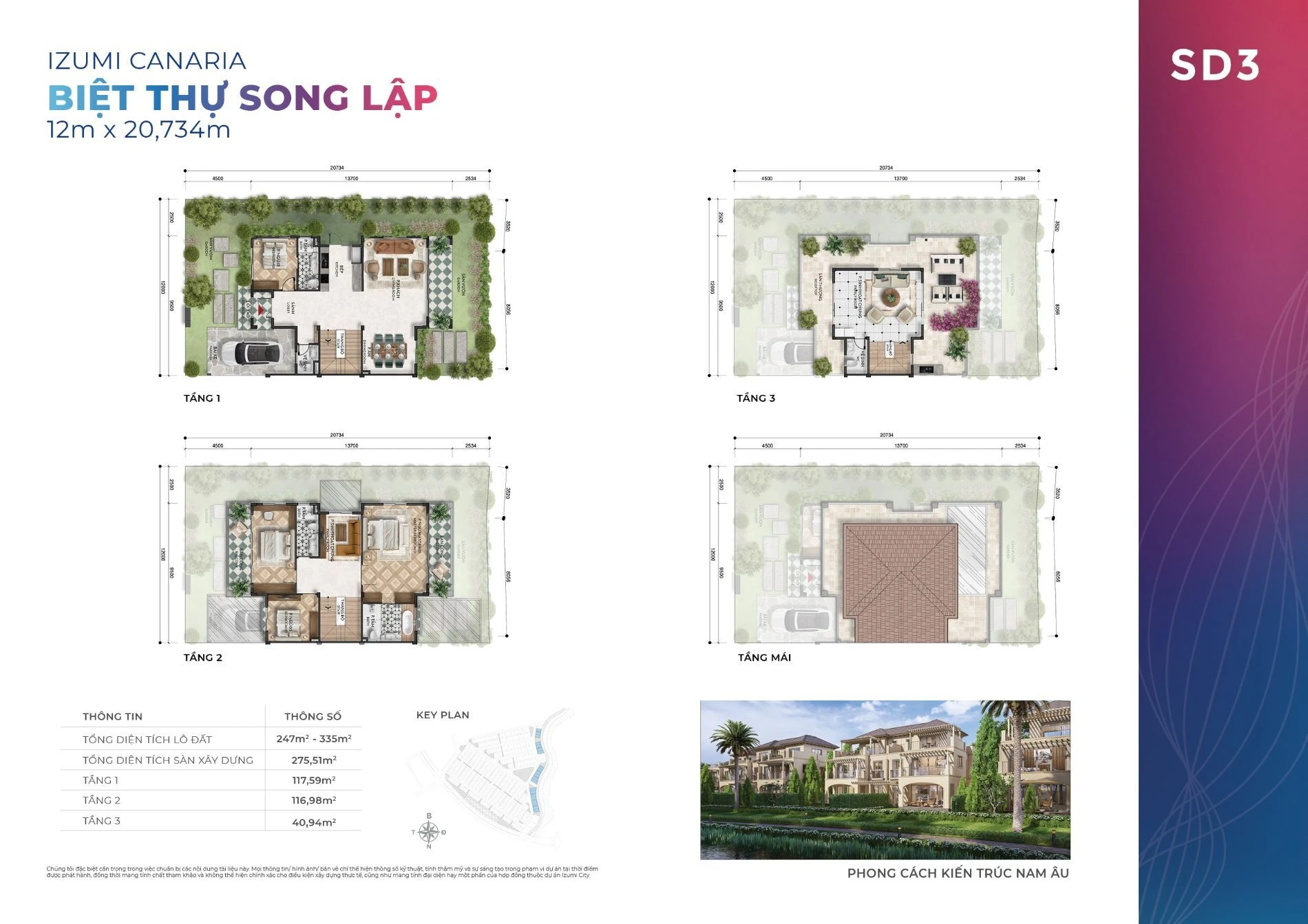 Chi tiết mặt bằng biệt thự song lập mẫu SD3 diện tích lớn tại Izumi Canaria