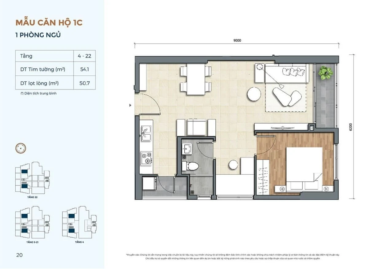 Bản vẽ chi tiết căn hộ 1 phòng ngủ loại 1C diện tích 54.1 m2 dự án Precia Quận 2
