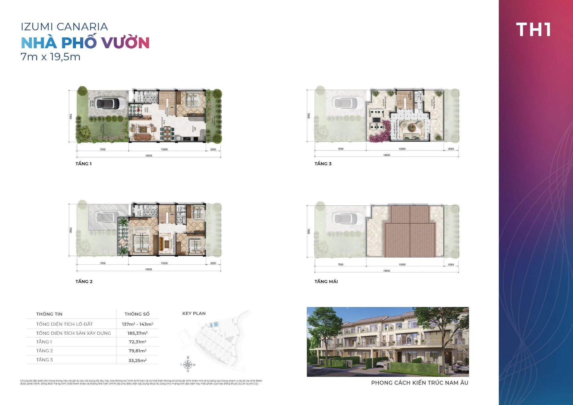 Sơ đồ mặt bằng nhà phố vườn mẫu TH1 với diện tích từ 137m2 đến 143m2