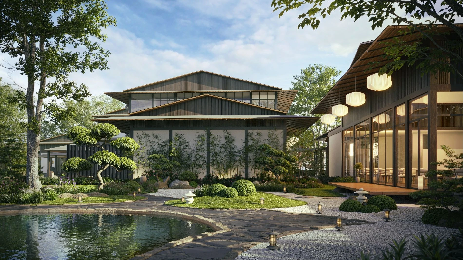 Vườn thiền cát trắng và đá cảnh quan mang phong cách Zen Garden tại Onsen Village
